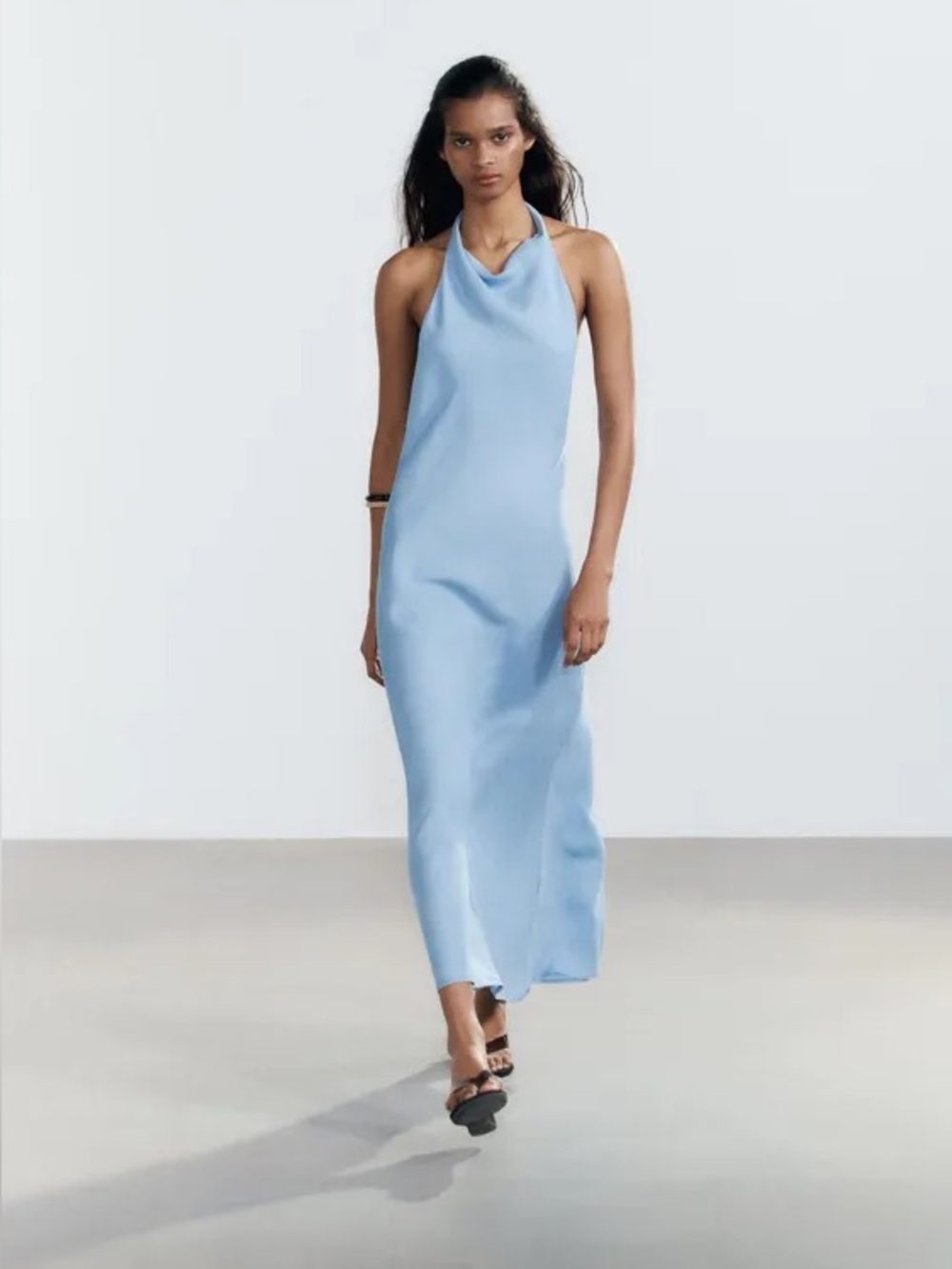 ZARA Light Blue Chambray “denim look” Flowing Halter Neck Maxi Dress
